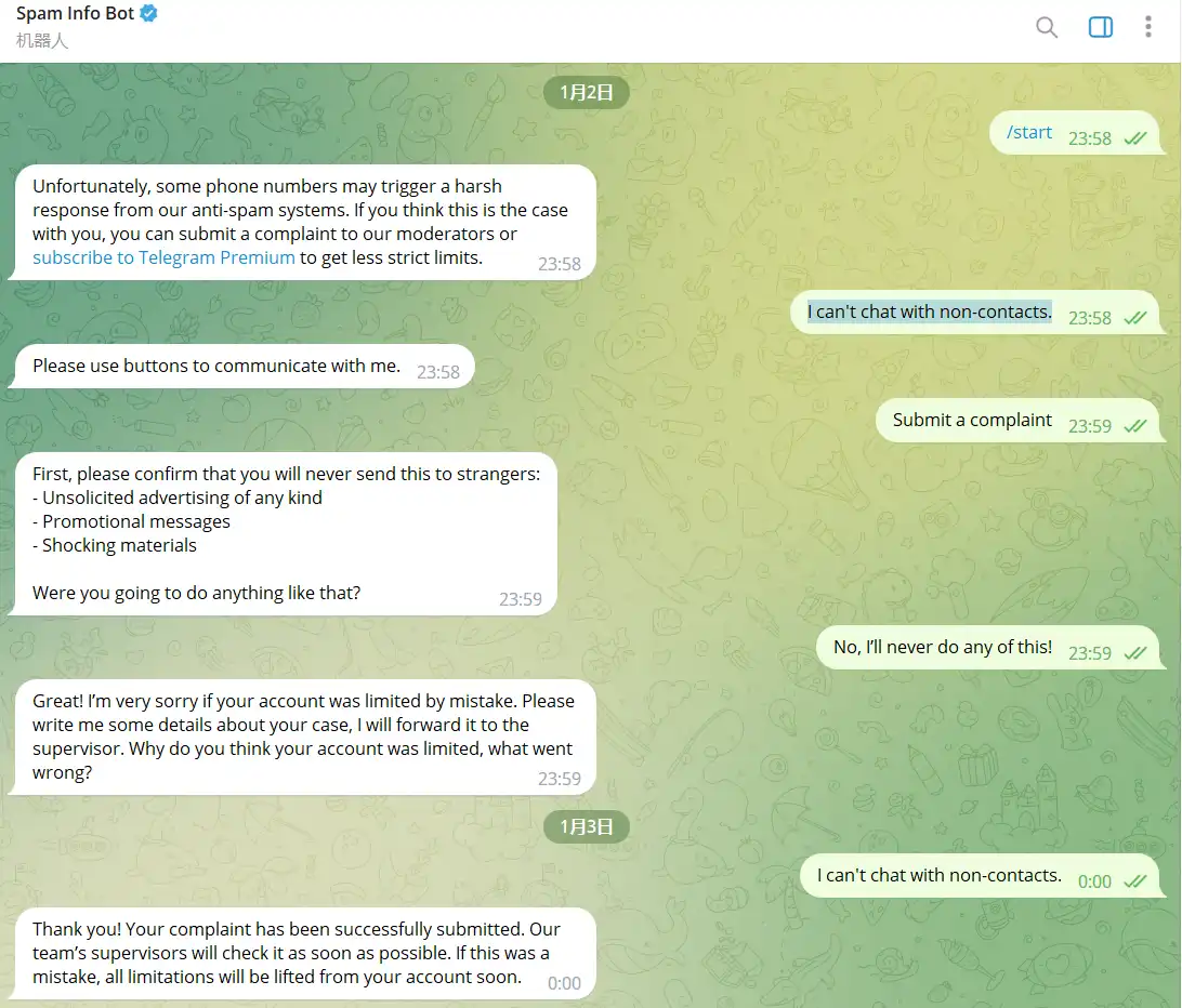 submit complaint to telegram spambot