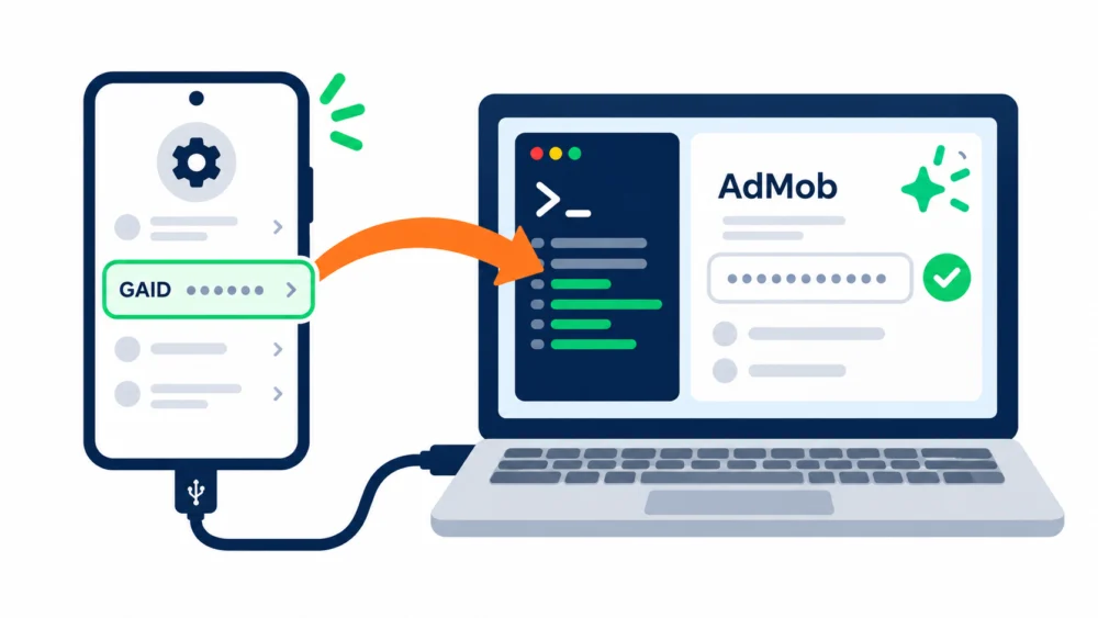 小米手机连接电脑，读取 GAID 并设置 AdMob 测试设备的平面示意图